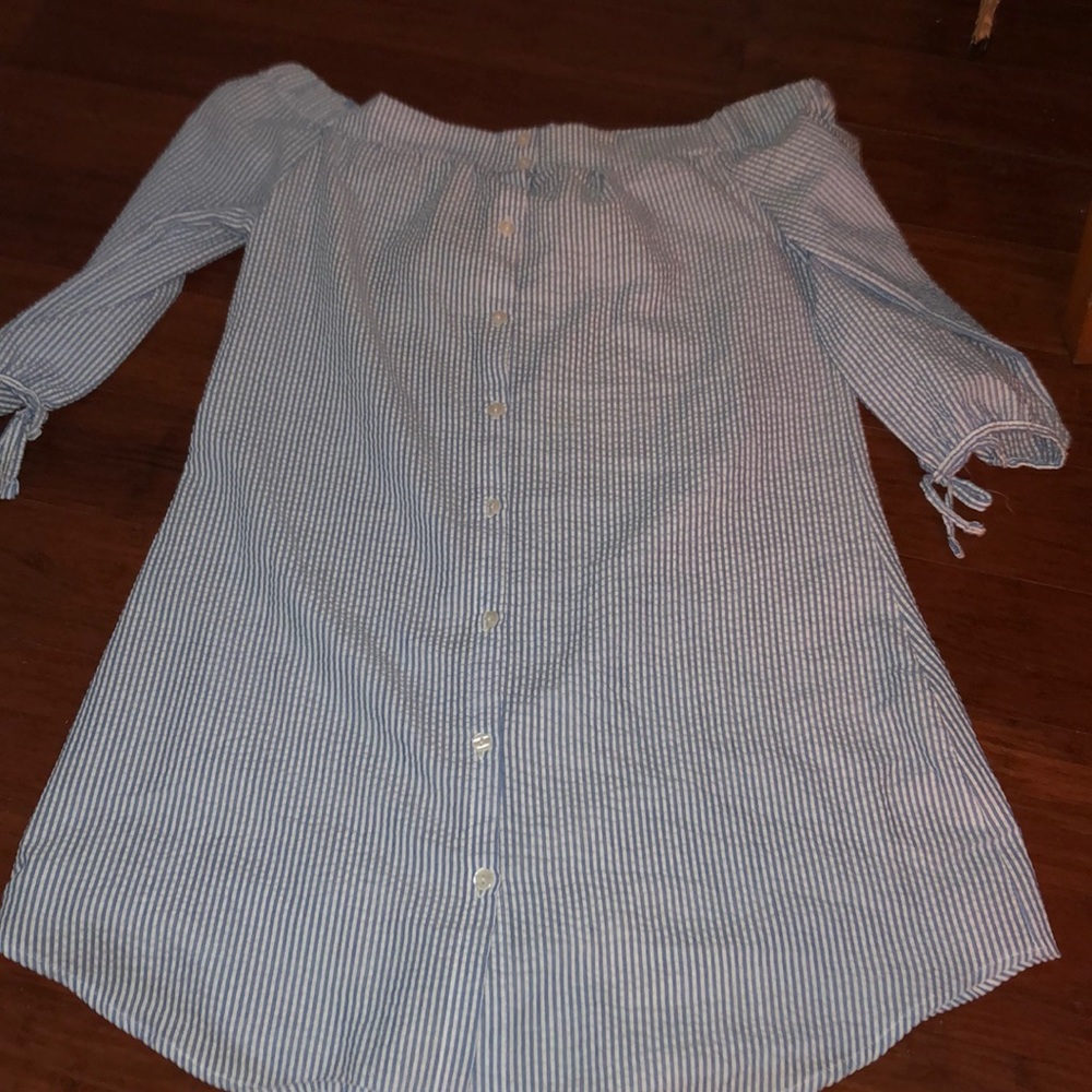 Off the shoulder seersucker shirt dress